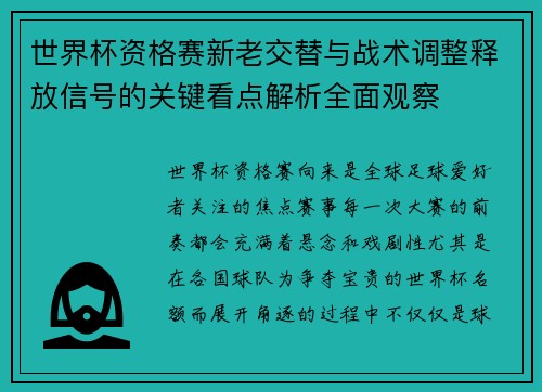 世界杯资格赛新老交替与战术调整释放信号的关键看点解析全面观察