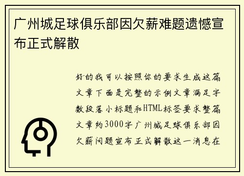 广州城足球俱乐部因欠薪难题遗憾宣布正式解散