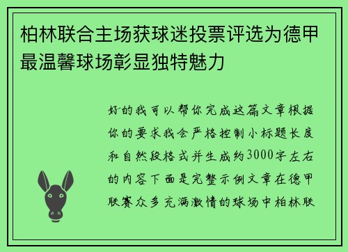 柏林联合主场获球迷投票评选为德甲最温馨球场彰显独特魅力 柏林联合主场获球迷投票评选为德甲最温馨球场彰显独特魅力